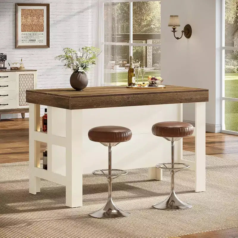 Lantine Home Bar Table Unit with Storage Shelves, 55.1-Inch Farmhouse Counter Height Bar Cabinet for Kitchen Dining Room,Brown