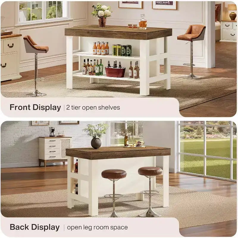 Lantine Home Bar Table Unit with Storage Shelves, 55.1-Inch Farmhouse Counter Height Bar Cabinet for Kitchen Dining Room,Brown