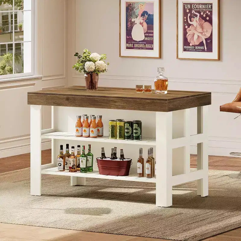 Lantine Home Bar Table Unit with Storage Shelves, 55.1-Inch Farmhouse Counter Height Bar Cabinet for Kitchen Dining Room,Brown