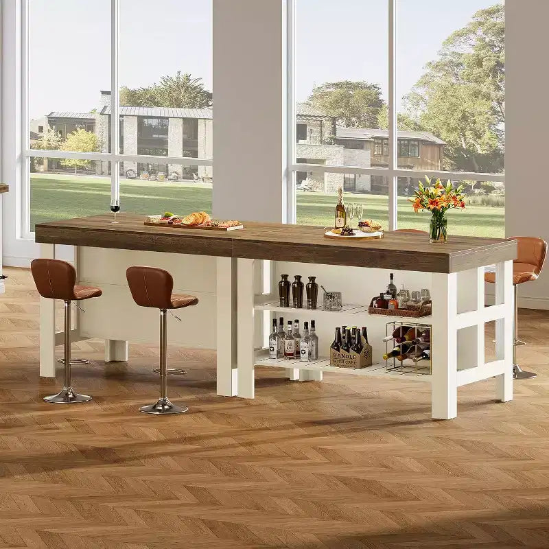Lantine Home Bar Table Unit with Storage Shelves, 55.1-Inch Farmhouse Counter Height Bar Cabinet for Kitchen Dining Room,Brown