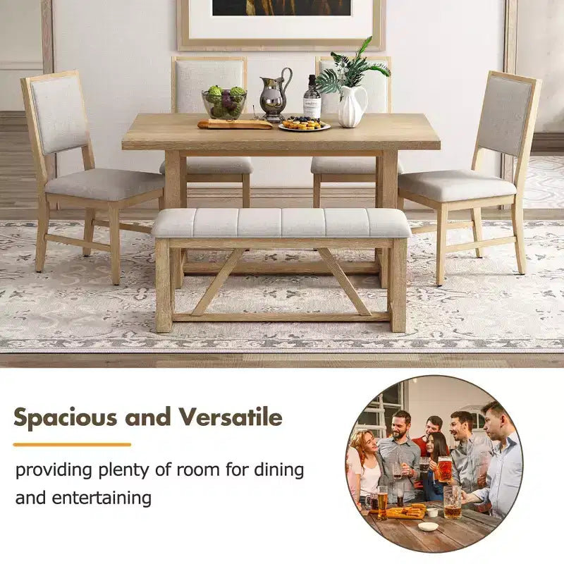 GDFStudio Monica 6 Piece Dining Set with 60 Wood Table and Upholstered Chairs&Bench