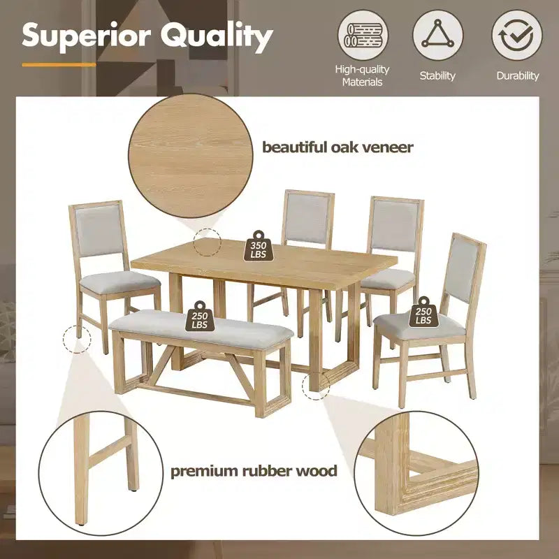 GDFStudio Monica 6 Piece Dining Set with 60 Wood Table and Upholstered Chairs&Bench