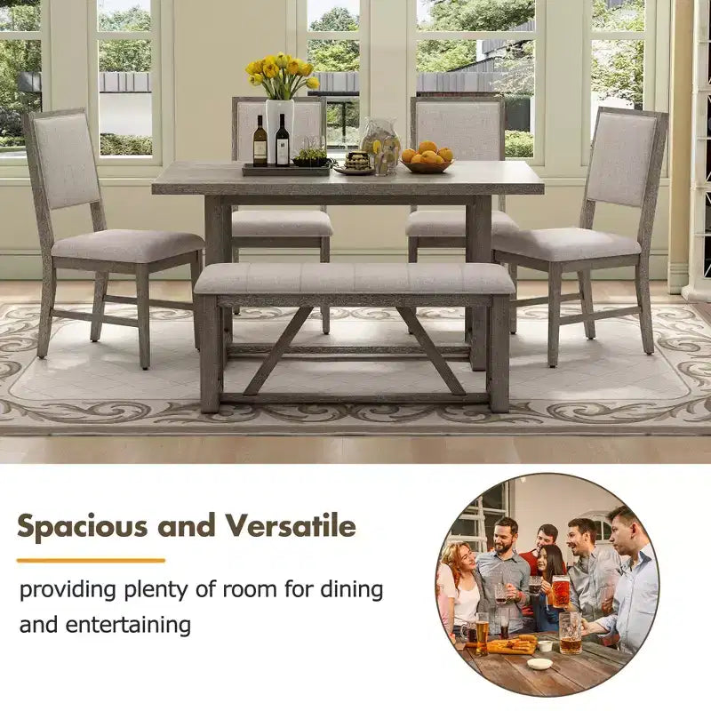GDFStudio Monica 6 Piece Dining Set with 60 Wood Table and Upholstered Chairs&Bench