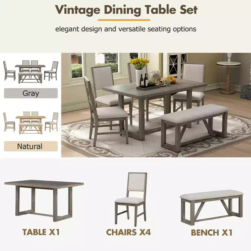GDFStudio Monica 6 Piece Dining Set with 60 Wood Table and Upholstered Chairs&Bench
