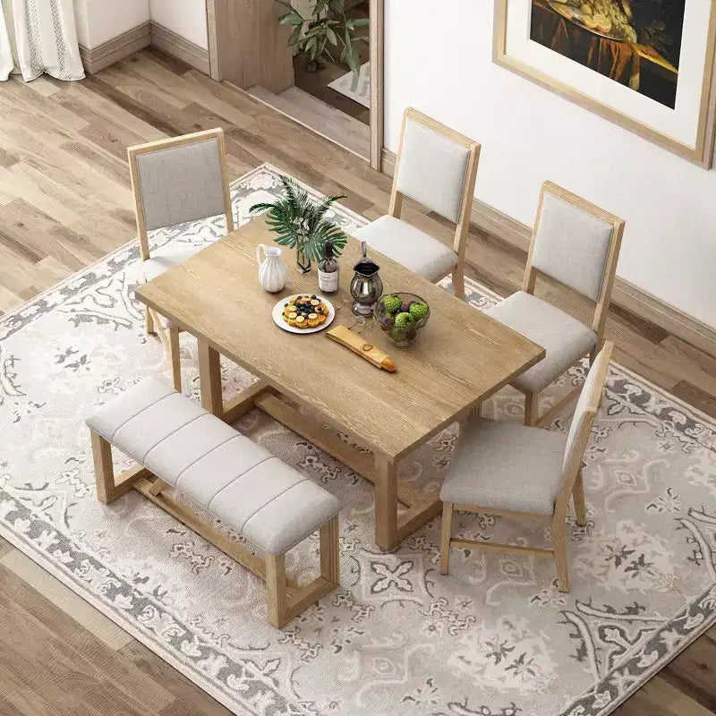 GDFStudio Monica 6 Piece Dining Set with 60 Wood Table and Upholstered Chairs&Bench