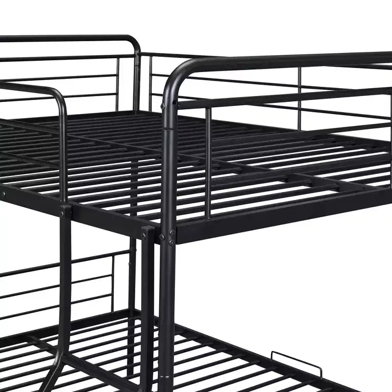 Full XL over Queen Metal Bunk Bed with Trundle, Convertible into 2 Separate Beds, Heavy-Duty Iron Bed Frame for Kids Teens