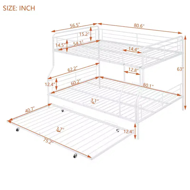 Full XL over Queen Metal Bunk Bed with Trundle, Convertible into 2 Separate Beds, Heavy-Duty Iron Bed Frame for Kids Teens