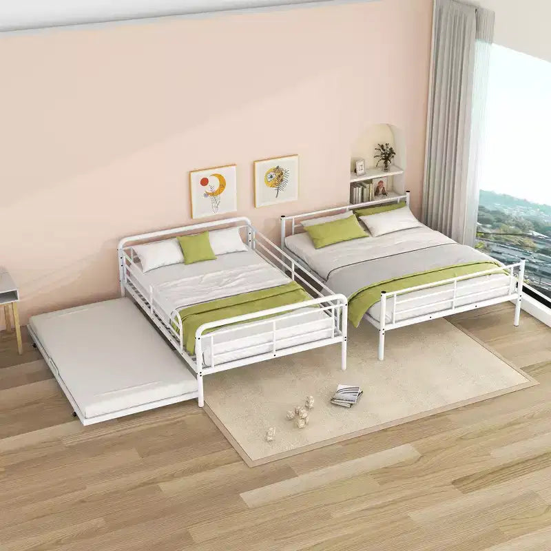 Full XL over Queen Metal Bunk Bed with Trundle, Convertible into 2 Separate Beds, Heavy-Duty Iron Bed Frame for Kids Teens