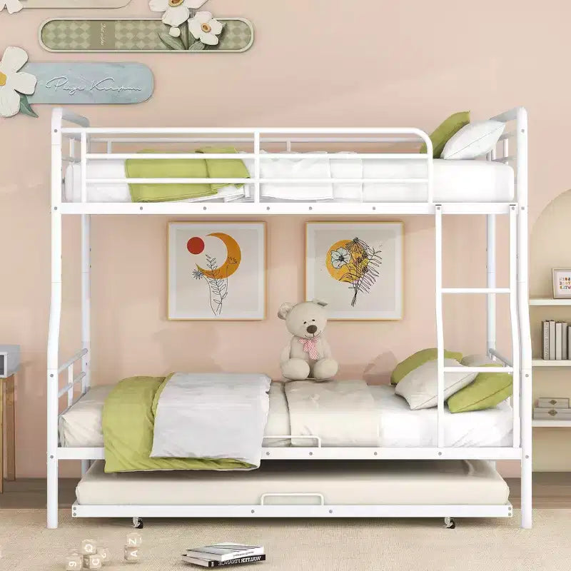 Full XL over Queen Metal Bunk Bed with Trundle, Convertible into 2 Separate Beds, Heavy-Duty Iron Bed Frame for Kids Teens