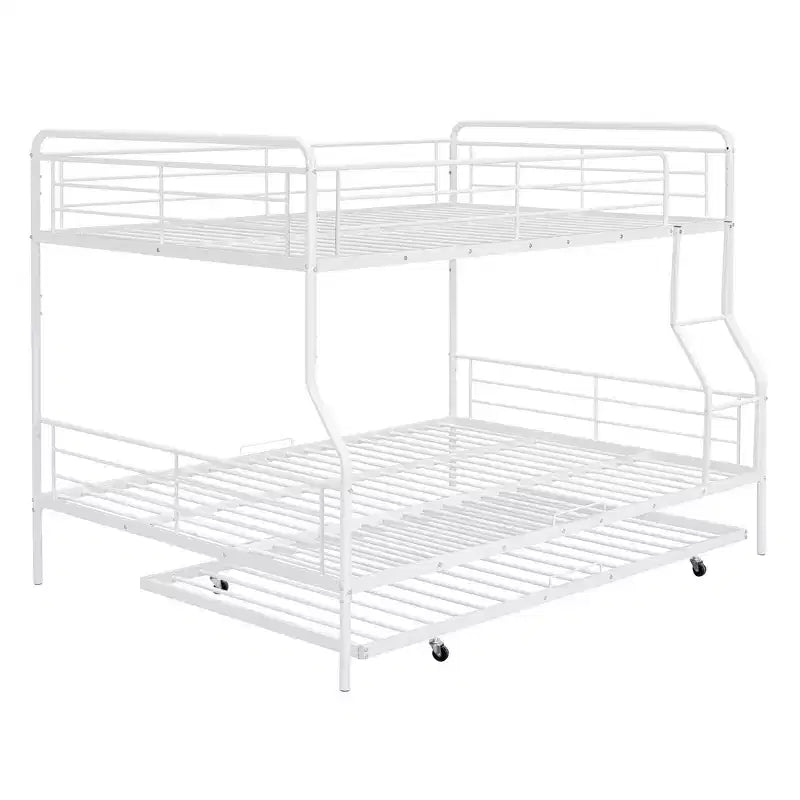 Full XL over Queen Metal Bunk Bed with Trundle, Convertible into 2 Separate Beds, Heavy-Duty Iron Bed Frame for Kids Teens