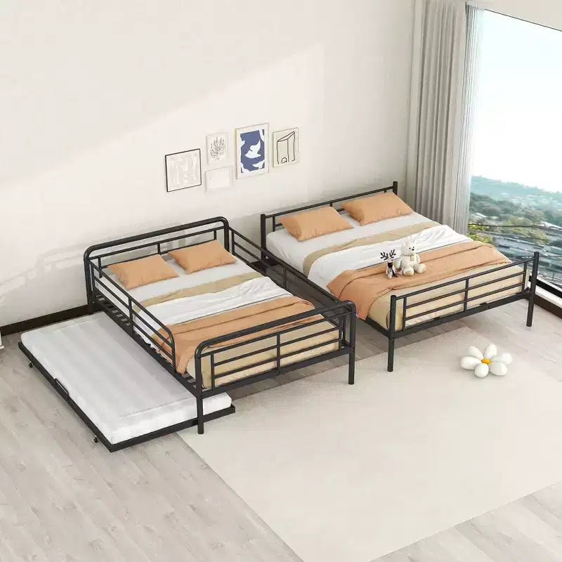 Full XL over Queen Metal Bunk Bed with Trundle, Convertible into 2 Separate Beds, Heavy-Duty Iron Bed Frame for Kids Teens