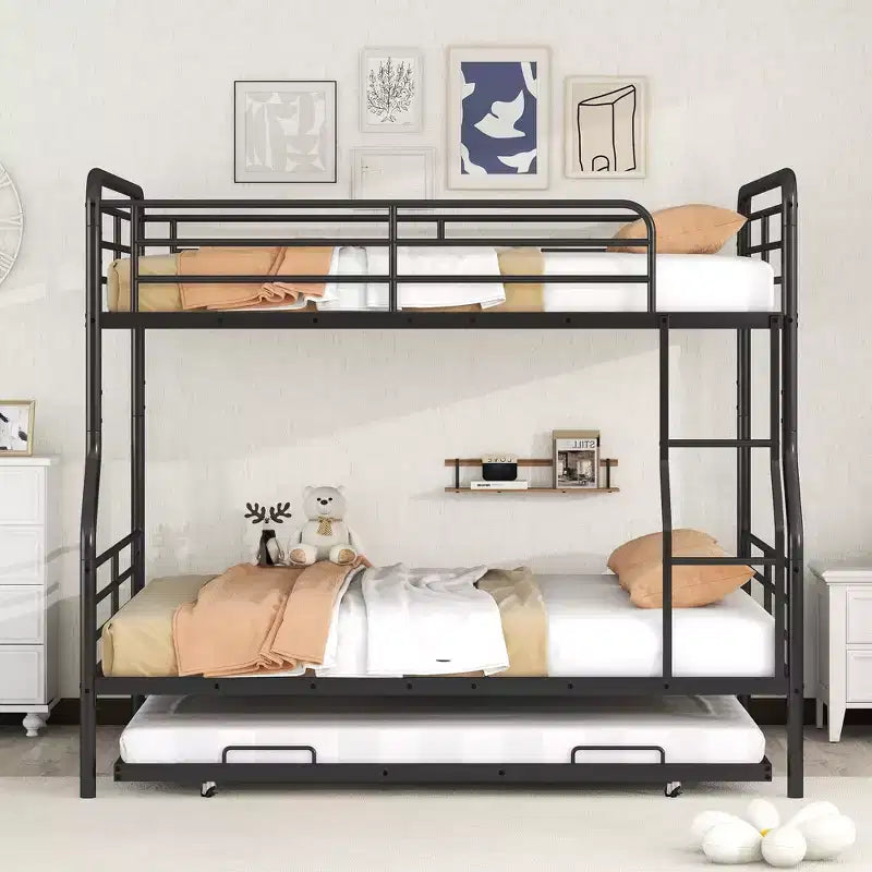 Full XL over Queen Metal Bunk Bed with Trundle, Convertible into 2 Separate Beds, Heavy-Duty Iron Bed Frame for Kids Teens