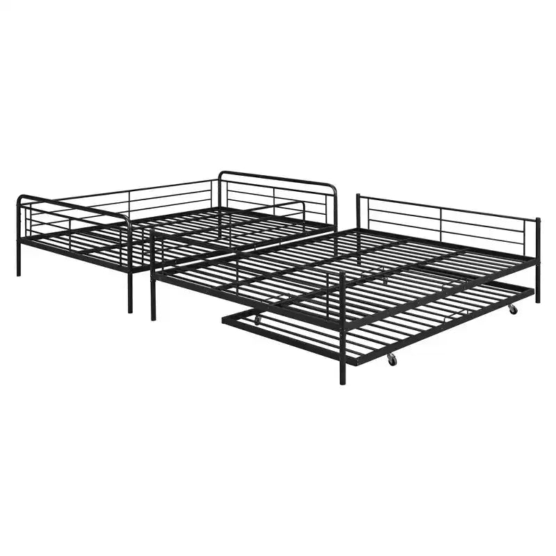 Full XL over Queen Metal Bunk Bed with Trundle, Convertible into 2 Separate Beds, Heavy-Duty Iron Bed Frame for Kids Teens