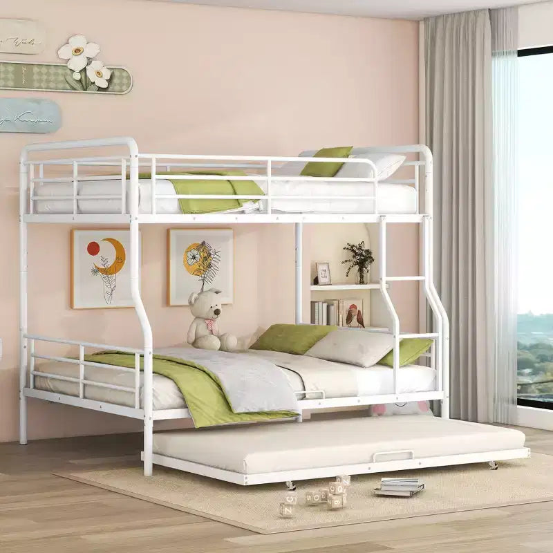 Full XL over Queen Metal Bunk Bed with Trundle, Convertible into 2 Separate Beds, Heavy-Duty Iron Bed Frame for Kids Teens
