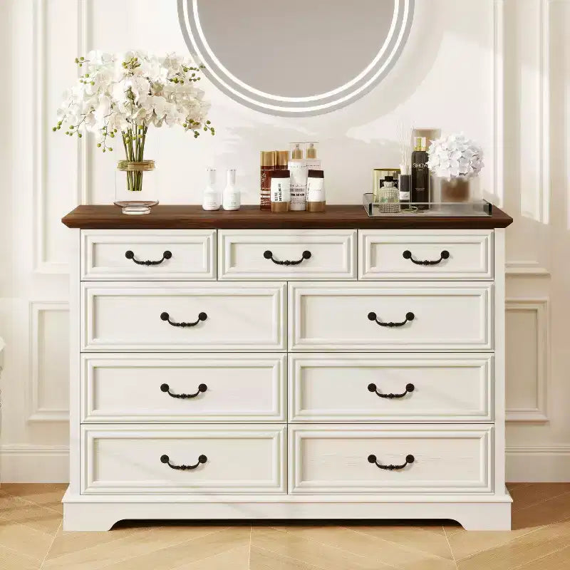 Dyonery Farmhouse Drawer Dresser, 9 Drawer Chest with Wood Top, 52 Wide Storage Organizer for Bedroom, Living Room, Entryway