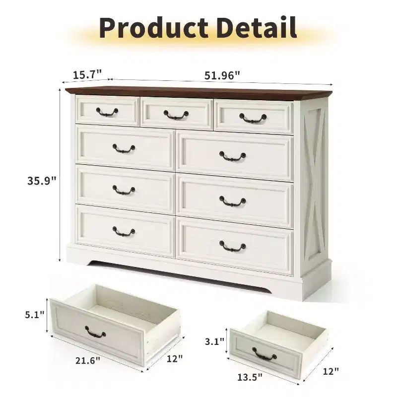 Dyonery Farmhouse Drawer Dresser, 9 Drawer Chest with Wood Top, 52 Wide Storage Organizer for Bedroom, Living Room, Entryway