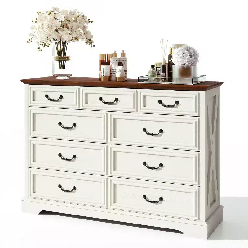 Dyonery Farmhouse Drawer Dresser, 9 Drawer Chest with Wood Top, 52 Wide Storage Organizer for Bedroom, Living Room, Entryway