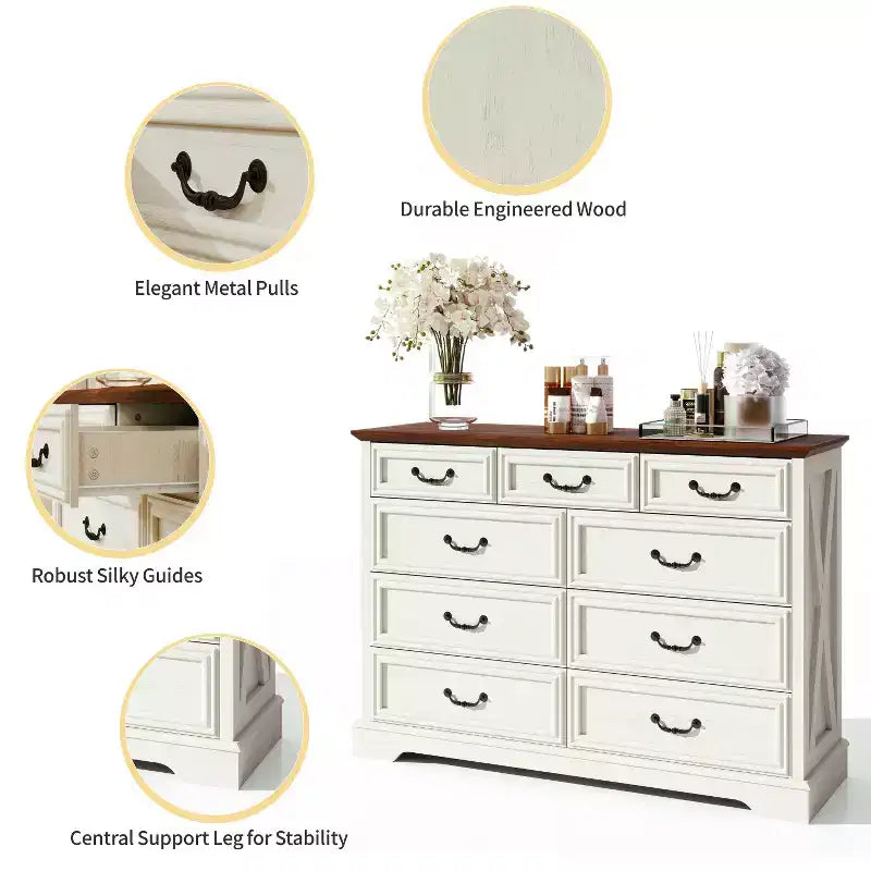 Dyonery Farmhouse Drawer Dresser, 9 Drawer Chest with Wood Top, 52 Wide Storage Organizer for Bedroom, Living Room, Entryway