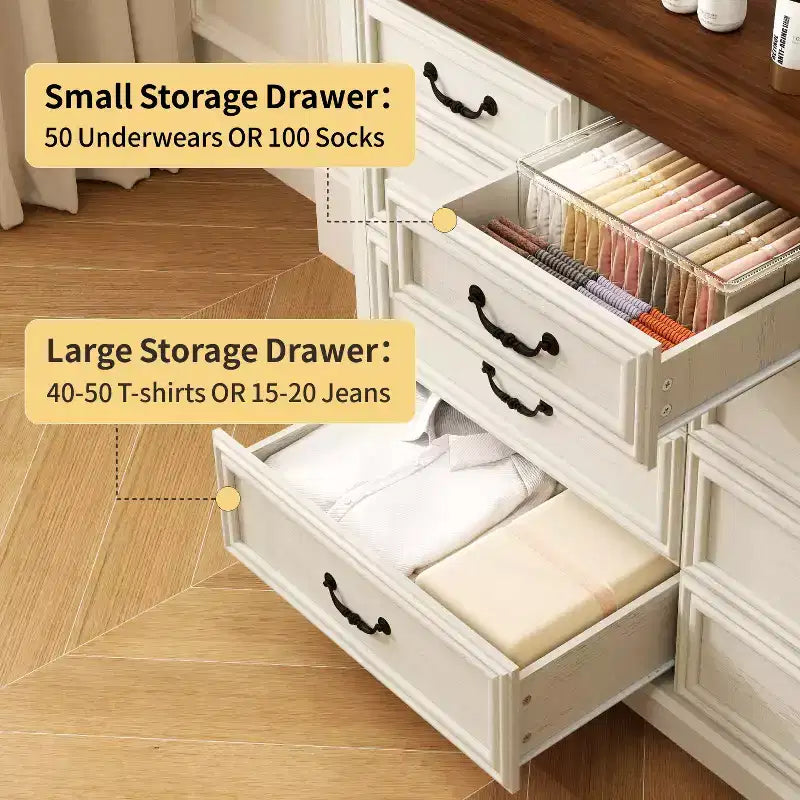 Dyonery Farmhouse Drawer Dresser, 9 Drawer Chest with Wood Top, 52 Wide Storage Organizer for Bedroom, Living Room, Entryway
