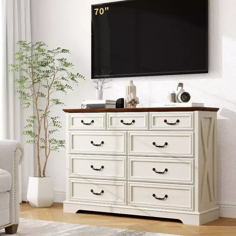 Dyonery Farmhouse Drawer Dresser, 9 Drawer Chest with Wood Top, 52 Wide Storage Organizer for Bedroom, Living Room, Entryway