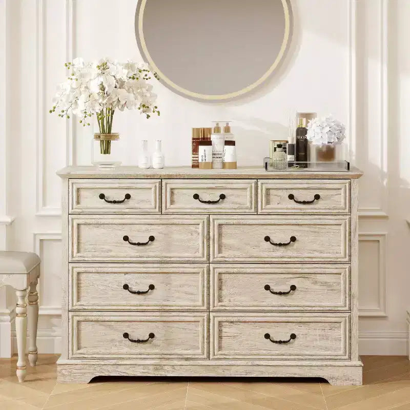 Dyonery Farmhouse Drawer Dresser, 9 Drawer Chest with Wood Top, 52 Wide Storage Organizer for Bedroom, Living Room, Entryway