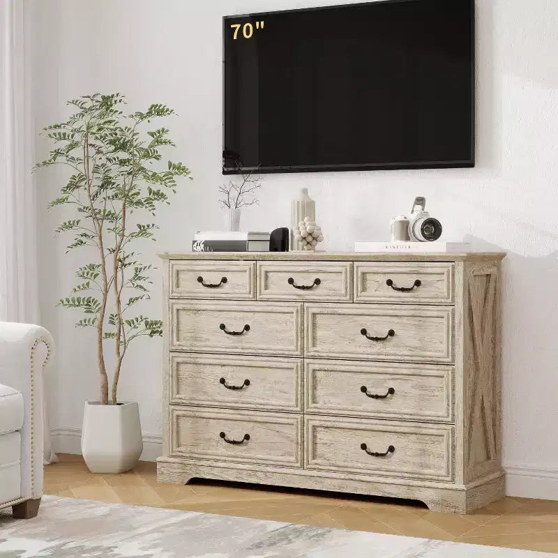 Dyonery Farmhouse Drawer Dresser, 9 Drawer Chest with Wood Top, 52 Wide Storage Organizer for Bedroom, Living Room, Entryway