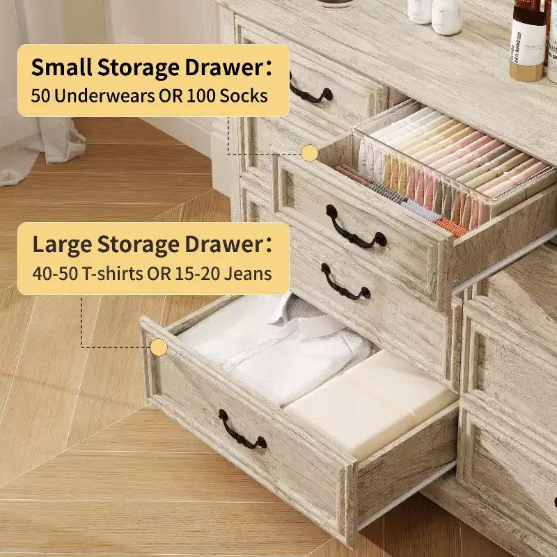 Dyonery Farmhouse Drawer Dresser, 9 Drawer Chest with Wood Top, 52 Wide Storage Organizer for Bedroom, Living Room, Entryway