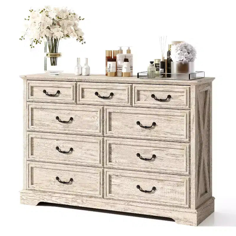 Dyonery Farmhouse Drawer Dresser, 9 Drawer Chest with Wood Top, 52 Wide Storage Organizer for Bedroom, Living Room, Entryway