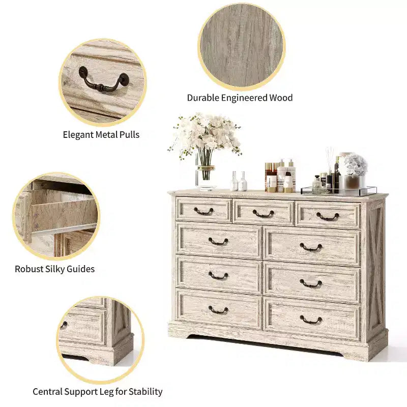 Dyonery Farmhouse Drawer Dresser, 9 Drawer Chest with Wood Top, 52 Wide Storage Organizer for Bedroom, Living Room, Entryway