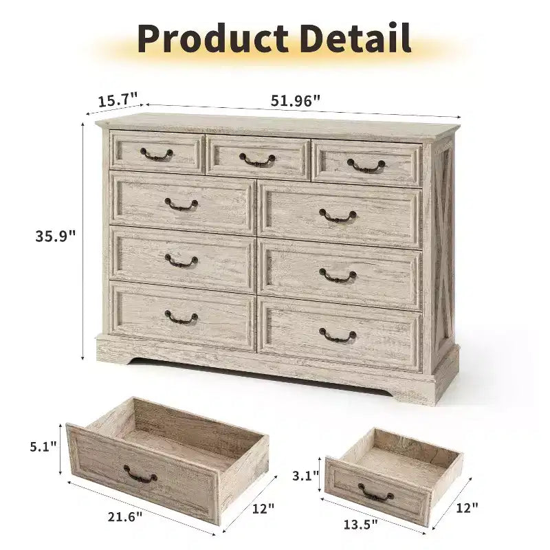 Dyonery Farmhouse Drawer Dresser, 9 Drawer Chest with Wood Top, 52 Wide Storage Organizer for Bedroom, Living Room, Entryway
