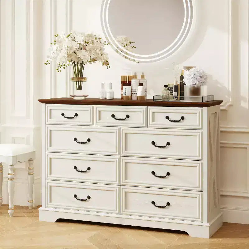 Dyonery Farmhouse Drawer Dresser, 9 Drawer Chest with Wood Top, 52 Wide Storage Organizer for Bedroom, Living Room, Entryway