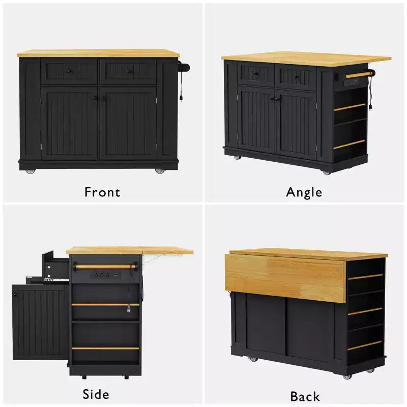 48 Kitchen Island Set with 2 Bar Stools, Drop Leaf, Power Outlet, 2 Drawers, Door Storage Rack, 5 Side Shelves, Rolling Kitchen Cart