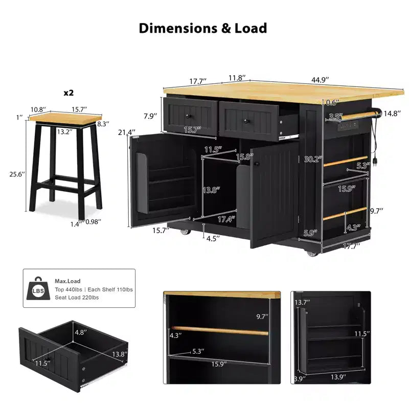 48 Kitchen Island Set with 2 Bar Stools, Drop Leaf, Power Outlet, 2 Drawers, Door Storage Rack, 5 Side Shelves, Rolling Kitchen Cart