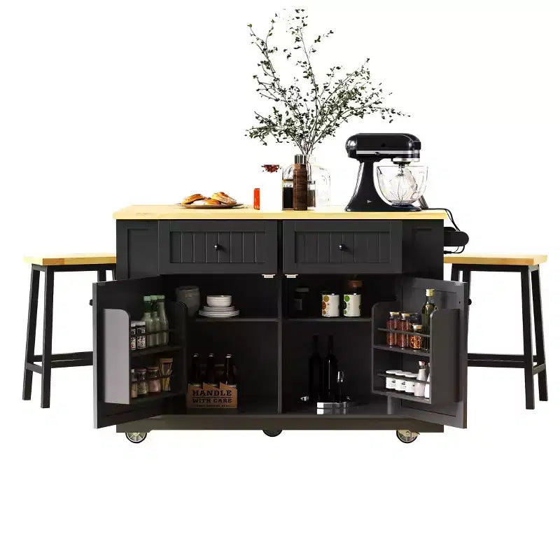 48 Kitchen Island Set with 2 Bar Stools, Drop Leaf, Power Outlet, 2 Drawers, Door Storage Rack, 5 Side Shelves, Rolling Kitchen Cart