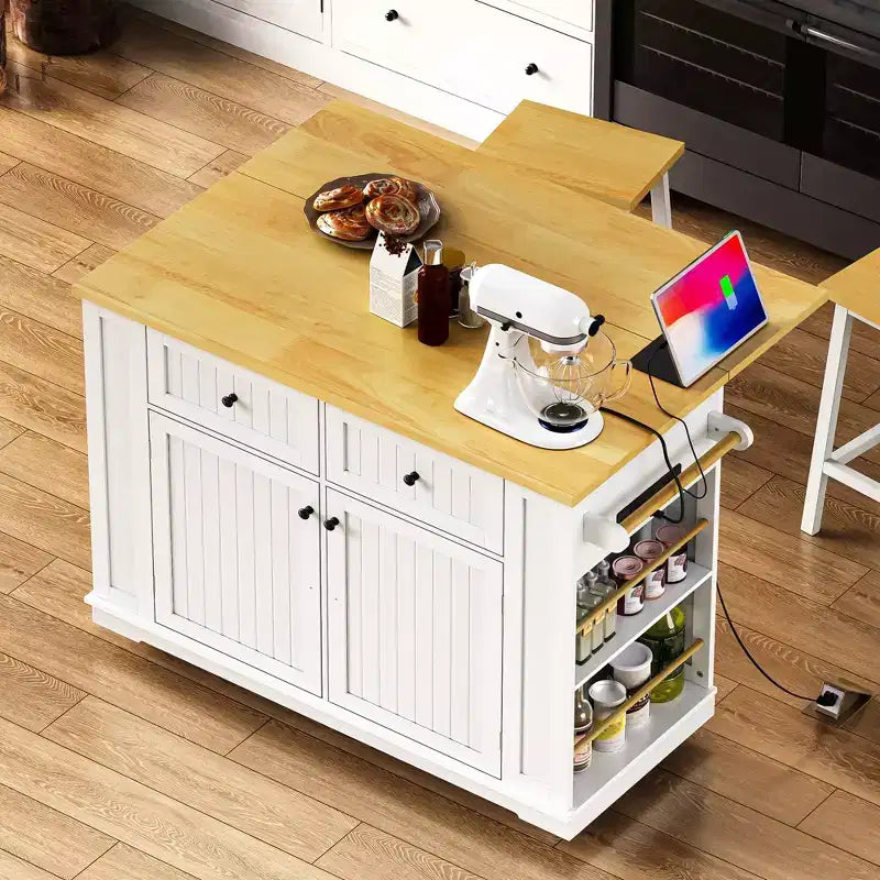 48 Kitchen Island Set with 2 Bar Stools, Drop Leaf, Power Outlet, 2 Drawers, Door Storage Rack, 5 Side Shelves, Rolling Kitchen Cart