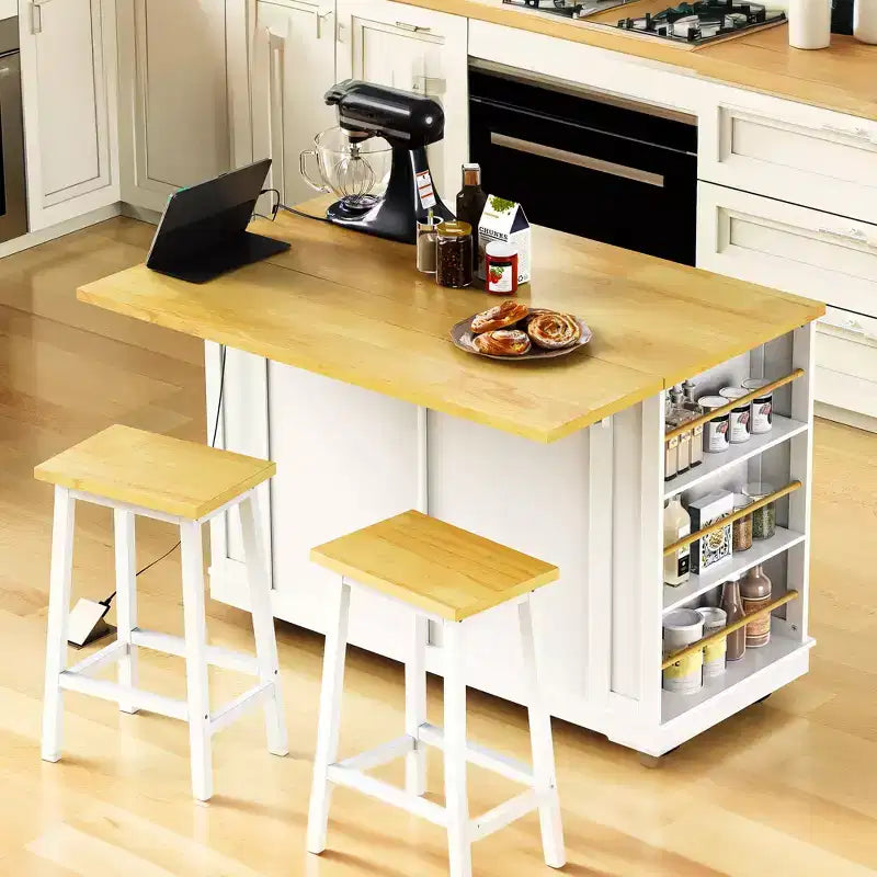 48 Kitchen Island Set with 2 Bar Stools, Drop Leaf, Power Outlet, 2 Drawers, Door Storage Rack, 5 Side Shelves, Rolling Kitchen Cart