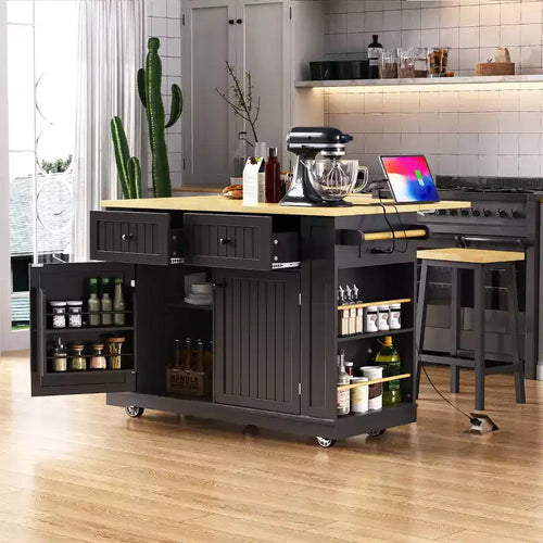 48 Kitchen Island Set with 2 Bar Stools, Drop Leaf, Power Outlet, 2 Drawers, Door Storage Rack, 5 Side Shelves, Rolling Kitchen Cart