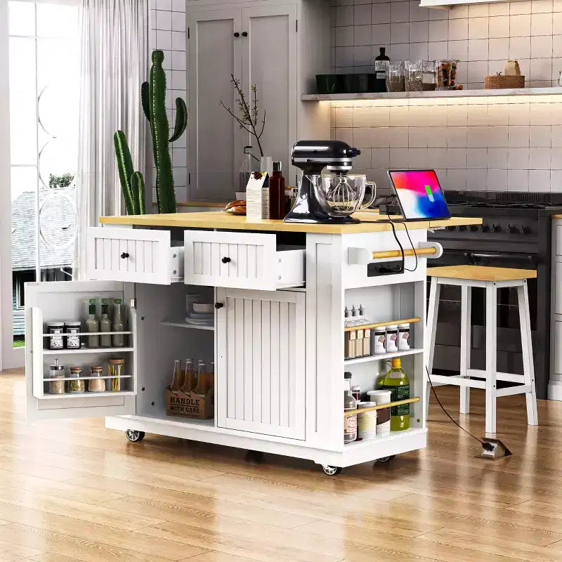 48 Kitchen Island Set with 2 Bar Stools, Drop Leaf, Power Outlet, 2 Drawers, Door Storage Rack, 5 Side Shelves, Rolling Kitchen Cart