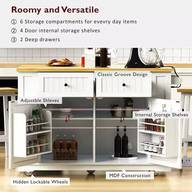 48 Kitchen Island Set with 2 Bar Stools, Drop Leaf, Power Outlet, 2 Drawers, Door Storage Rack, 5 Side Shelves, Rolling Kitchen Cart