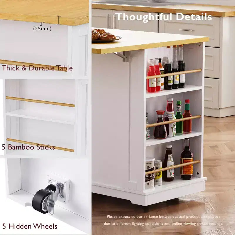 48 Kitchen Island Set with 2 Bar Stools, Drop Leaf, Power Outlet, 2 Drawers, Door Storage Rack, 5 Side Shelves, Rolling Kitchen Cart