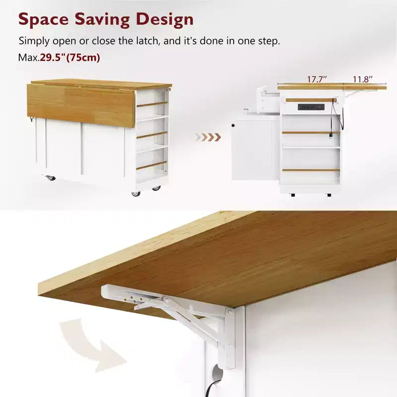 48 Kitchen Island Set with 2 Bar Stools, Drop Leaf, Power Outlet, 2 Drawers, Door Storage Rack, 5 Side Shelves, Rolling Kitchen Cart