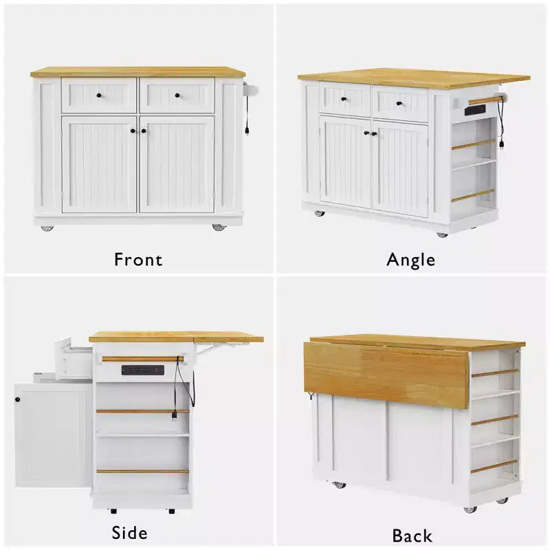 48 Kitchen Island Set with 2 Bar Stools, Drop Leaf, Power Outlet, 2 Drawers, Door Storage Rack, 5 Side Shelves, Rolling Kitchen Cart