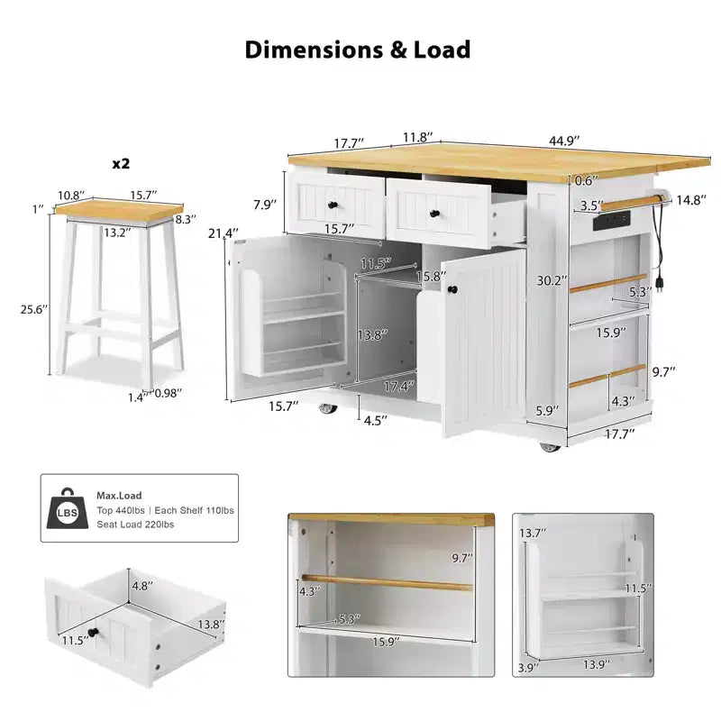 48 Kitchen Island Set with 2 Bar Stools, Drop Leaf, Power Outlet, 2 Drawers, Door Storage Rack, 5 Side Shelves, Rolling Kitchen Cart