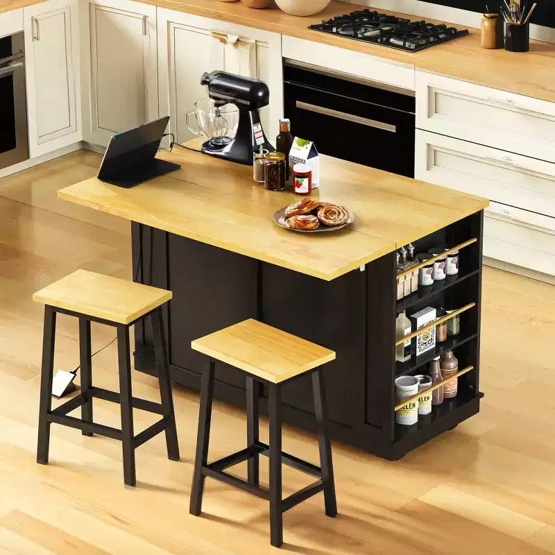 48 Kitchen Island Set with 2 Bar Stools, Drop Leaf, Power Outlet, 2 Drawers, Door Storage Rack, 5 Side Shelves, Rolling Kitchen Cart