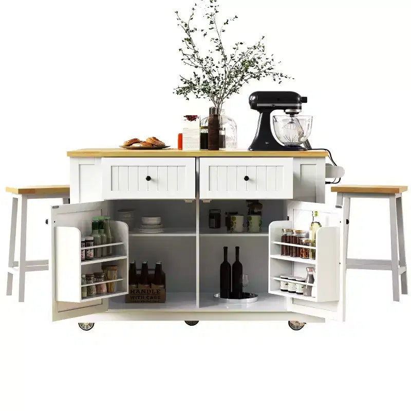 48 Kitchen Island Set with 2 Bar Stools, Drop Leaf, Power Outlet, 2 Drawers, Door Storage Rack, 5 Side Shelves, Rolling Kitchen Cart