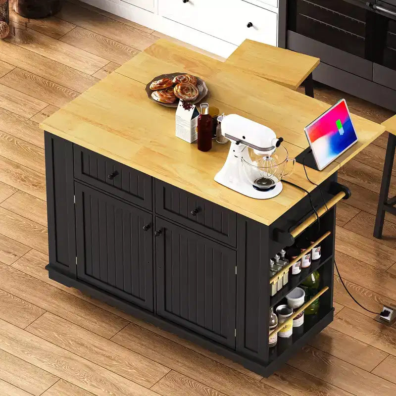 48 Kitchen Island Set with 2 Bar Stools, Drop Leaf, Power Outlet, 2 Drawers, Door Storage Rack, 5 Side Shelves, Rolling Kitchen Cart