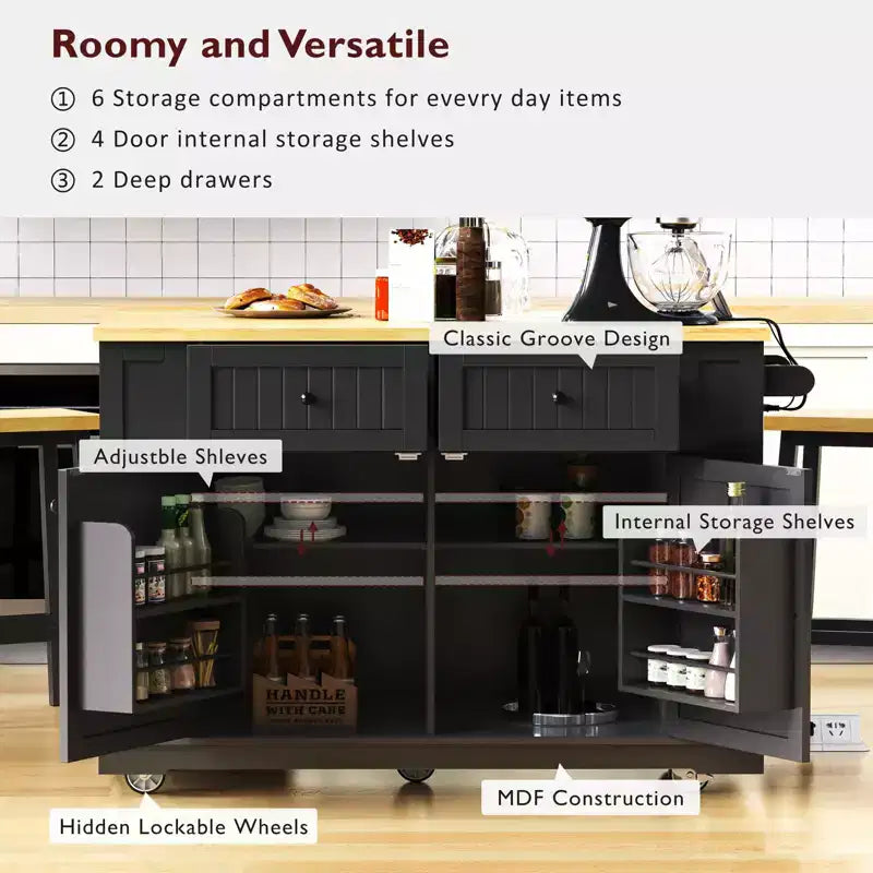 48 Kitchen Island Set with 2 Bar Stools, Drop Leaf, Power Outlet, 2 Drawers, Door Storage Rack, 5 Side Shelves, Rolling Kitchen Cart