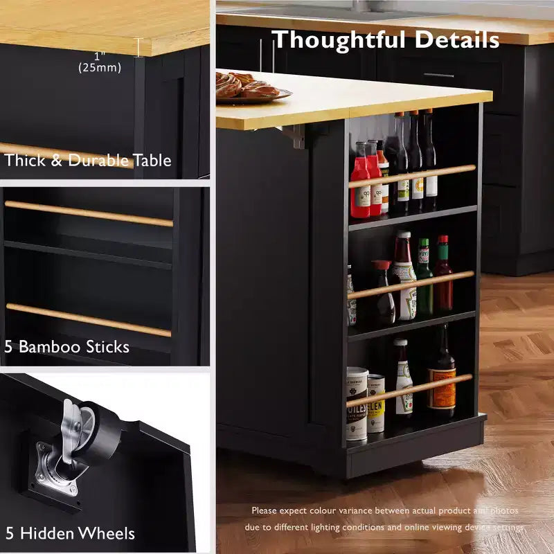 48 Kitchen Island Set with 2 Bar Stools, Drop Leaf, Power Outlet, 2 Drawers, Door Storage Rack, 5 Side Shelves, Rolling Kitchen Cart