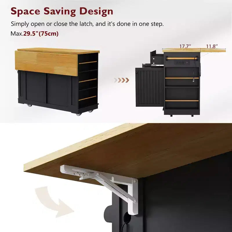 48 Kitchen Island Set with 2 Bar Stools, Drop Leaf, Power Outlet, 2 Drawers, Door Storage Rack, 5 Side Shelves, Rolling Kitchen Cart