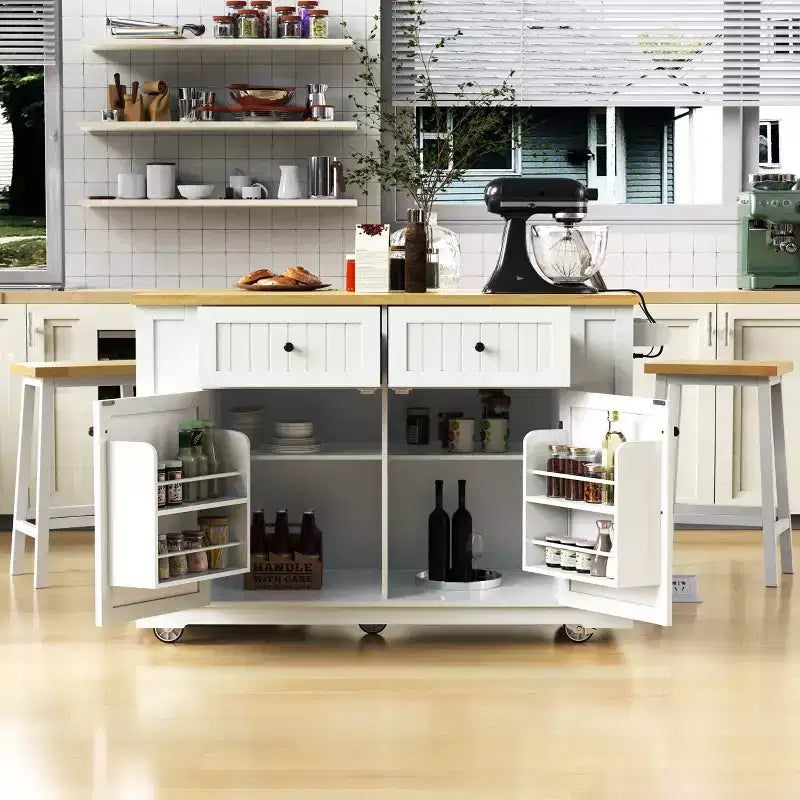 48 Kitchen Island Set with 2 Bar Stools, Drop Leaf, Power Outlet, 2 Drawers, Door Storage Rack, 5 Side Shelves, Rolling Kitchen Cart